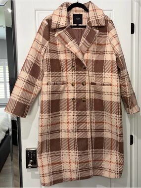 Mexx Double-Breasted Plaid Pea Coat in Cream, Brown & Rust